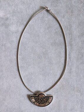 Vintage M. Frey Half-Moon Pendant Klimt Palladium Plate Silver Metal Snake Chain